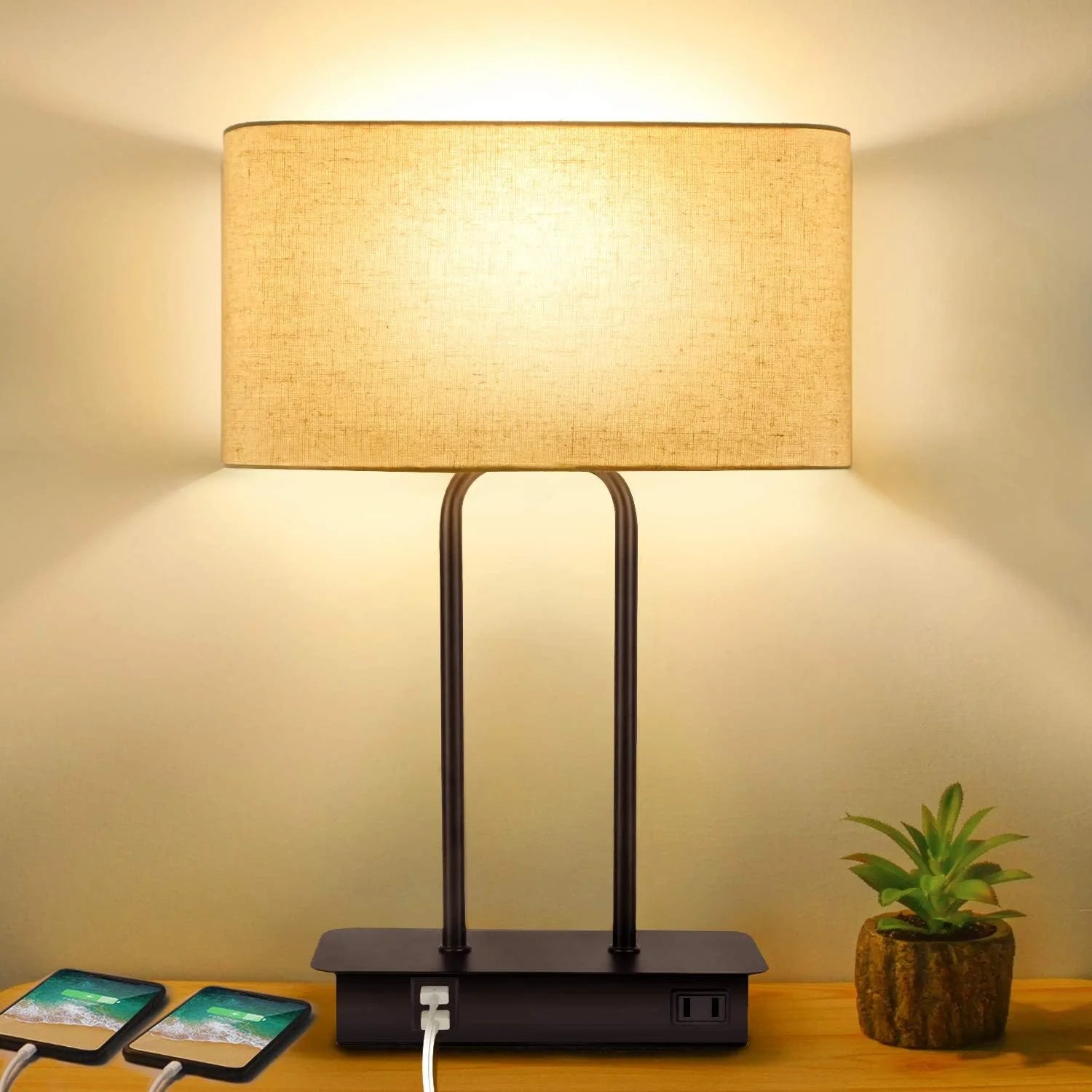 Discount Dimmable Touch Control Table Lamp with 2 USB Ports and AC Power Outlet Modern Bedside Nightstand Lamp Fabric - Image 3