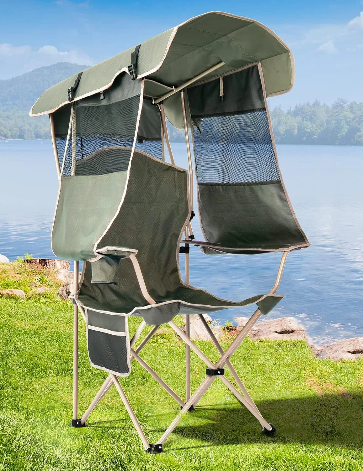 Discount Docusvect Beach Chair with Canopy Shade, Folding Camping Chair with Canopy with Cup Holder, Support 330 LBS