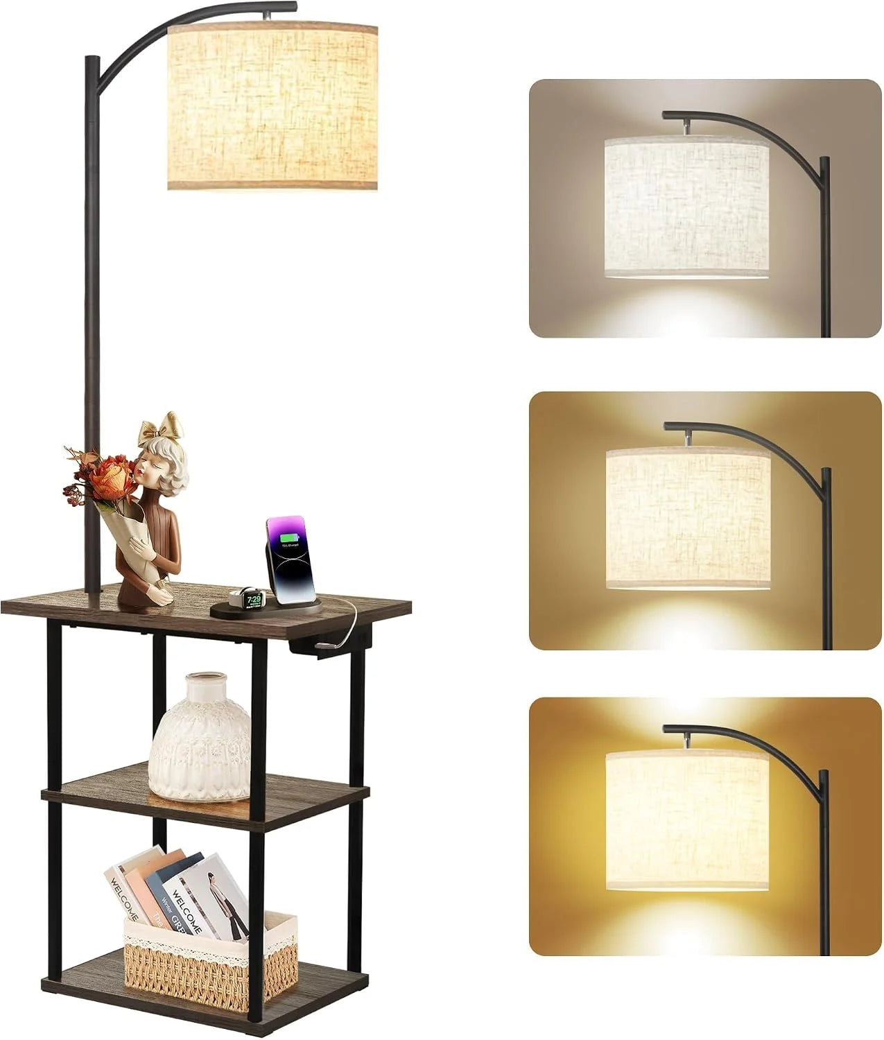 Discount PESRAE Floor Lamp with Table, 3-Color Temperature, 9W LED, Modern Shelves Side Table for Bedroom - Image 3