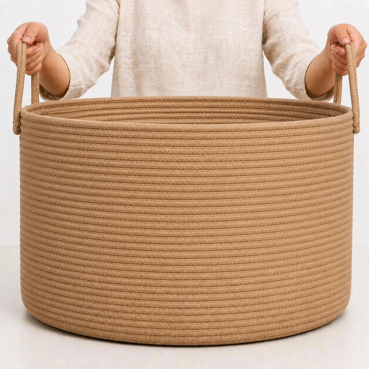 Discount OrganiHaus Round Toy Basket & Blanket Basket, Cotton Rope 20×13, Full Honey, Round Cotton Rope Basket, 20×13 - Image 10