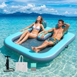 Discount Inflatable Floating Dock for 2 Adults, 500 lbs Capacity Floating Island Platform with Mesh Water Hammock