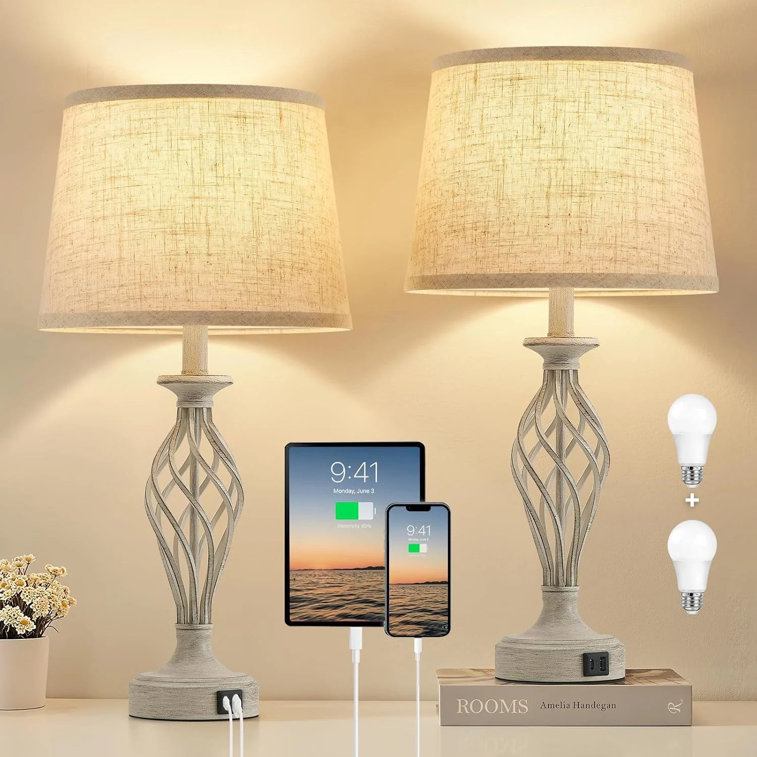 Discount Lamp for Bedroom Set of 2 with USB C+A Ports, Bulb Included, Modern Bedside Lamps with Spiral Cage Base - Image 3