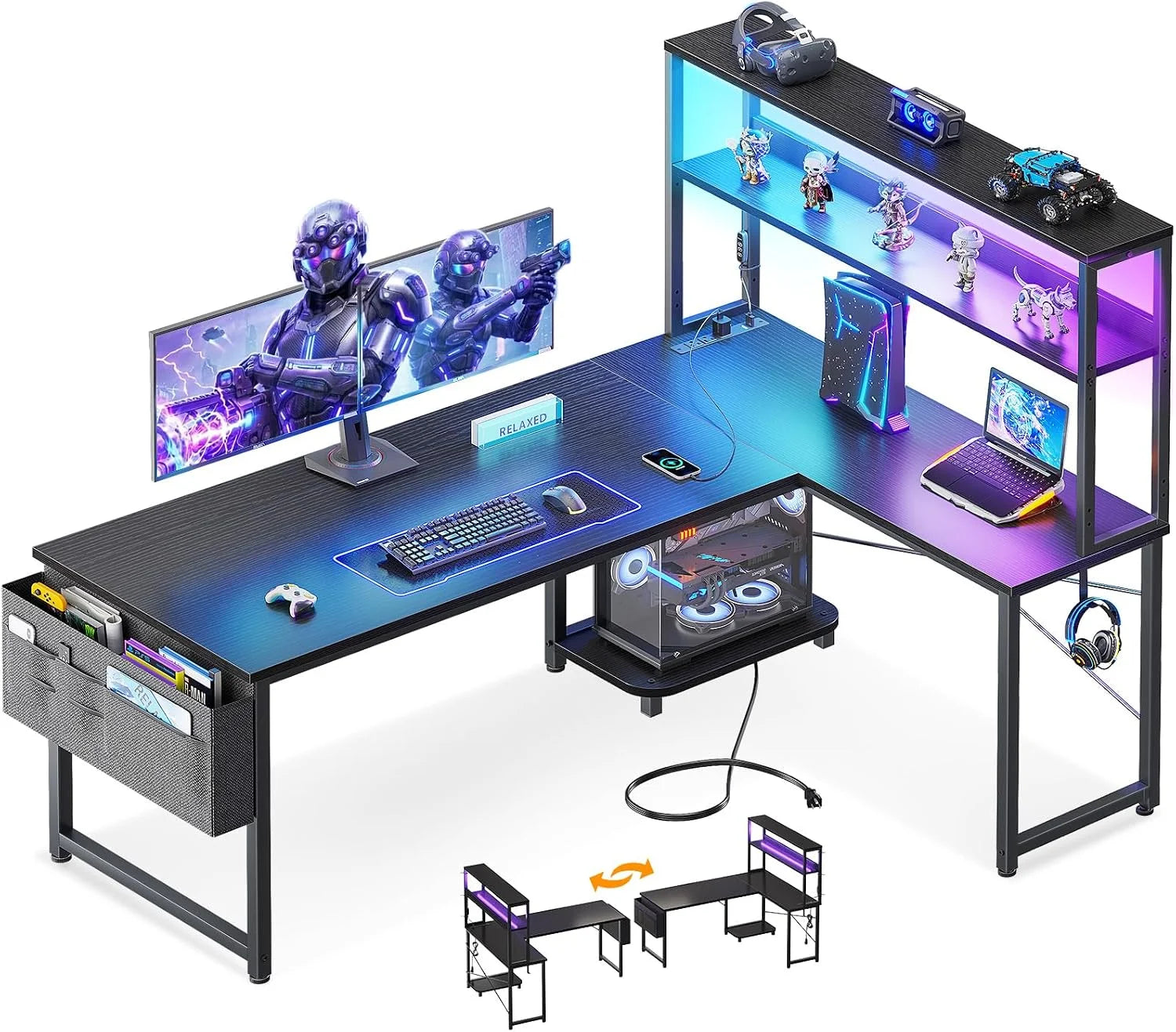 Discount 53 L Shaped Gaming Desk with Shelves, LED & Outlets - Image 3