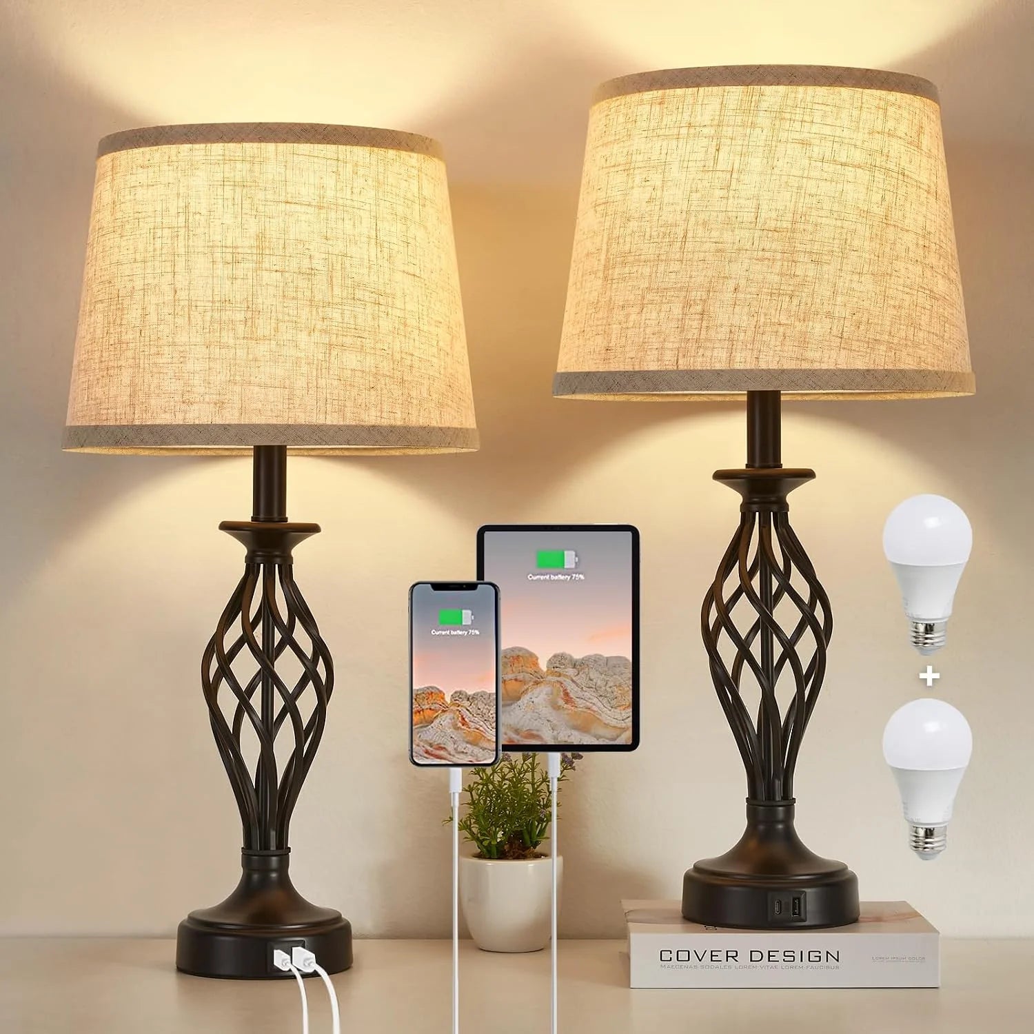 Discount Lamp for Bedroom Set of 2 with USB C+A Ports, Bulb Included, Modern Bedside Lamps with Spiral Cage Base - Image 2