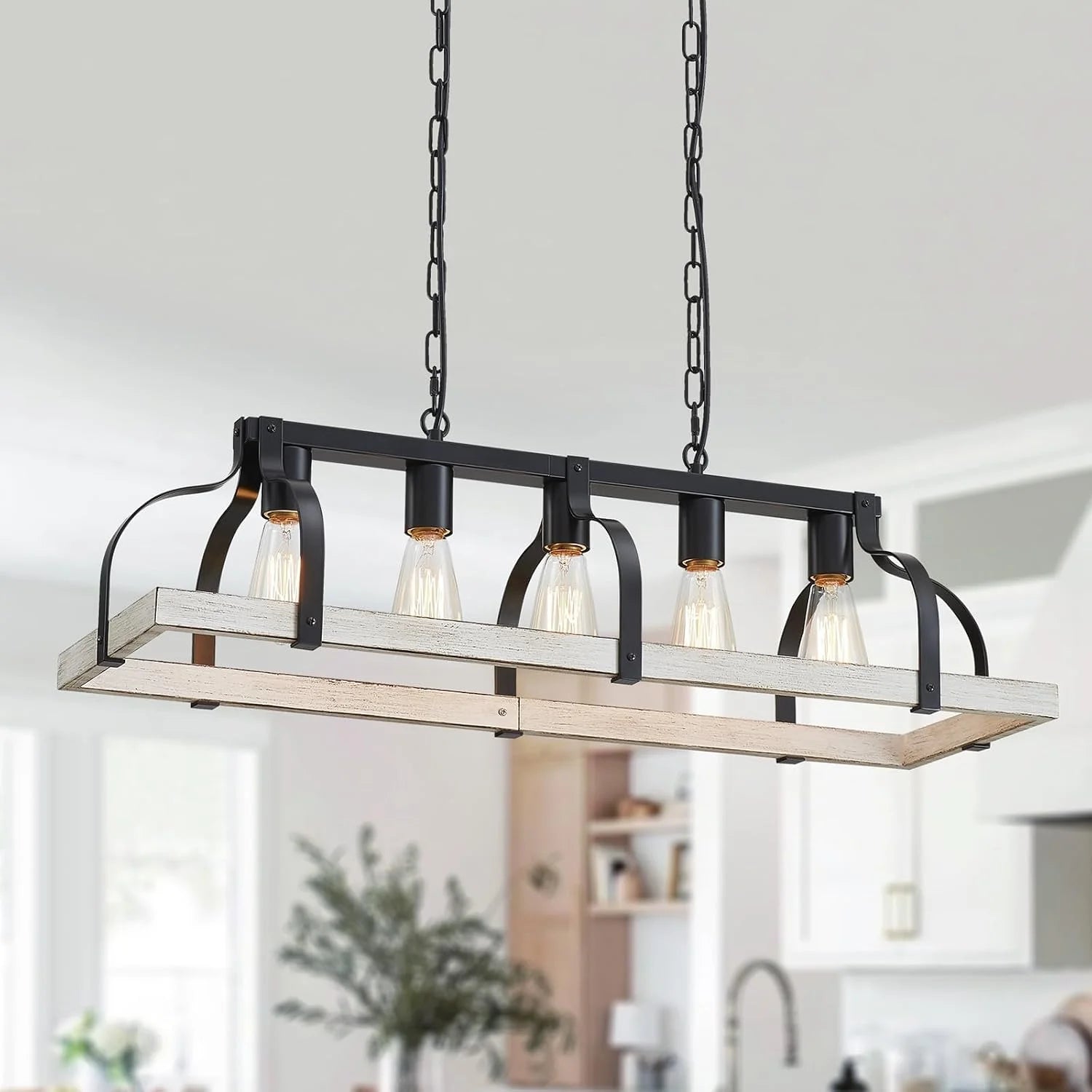 Discount 5-Light Metal Chandelier Imitation Wood Grain Linear Pendant Ceiling Lighting Rustic Farmhouse Fixture Kitchen - Image 8