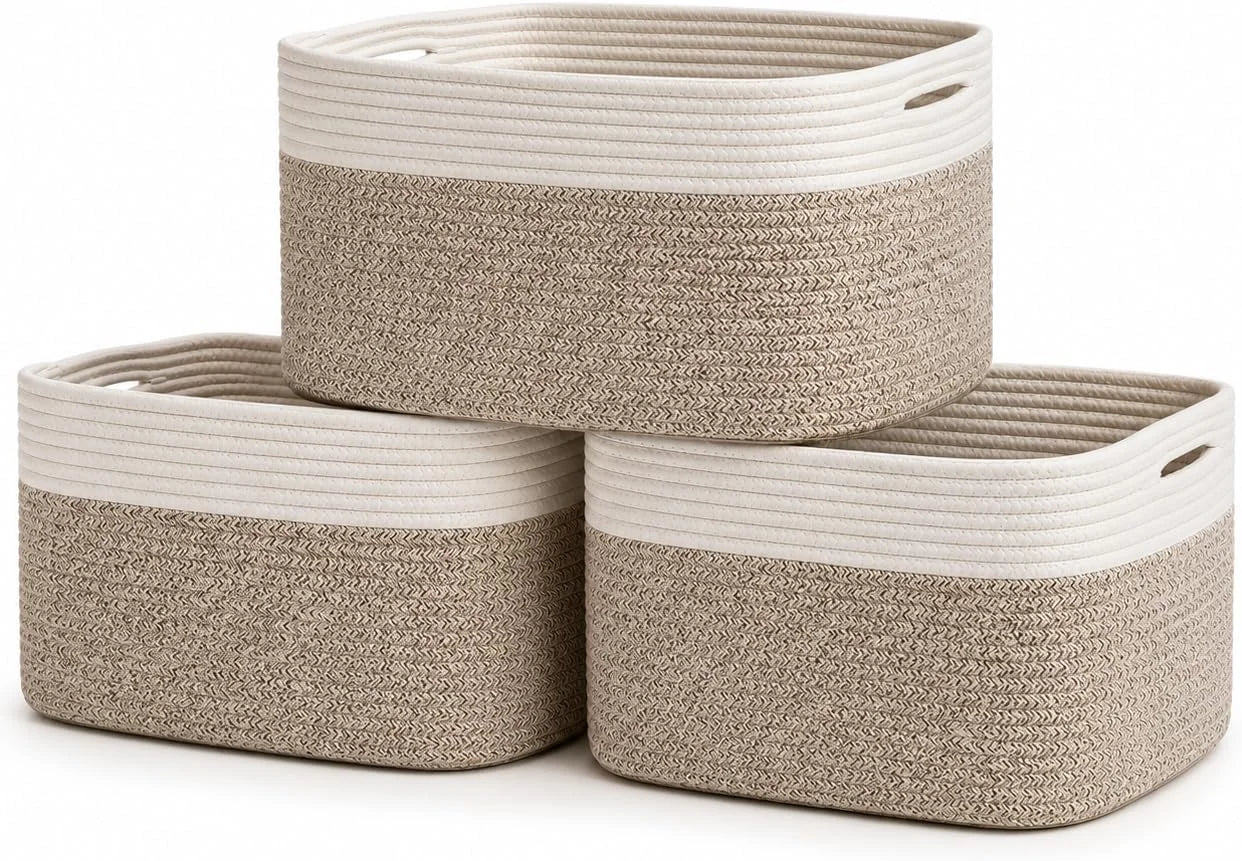 Discount OrganiHaus Cotton Rope Baskets for Shelves, Set of 3, 15x9x10, Handwoven, a toy bin and organizer for towels - Image 14