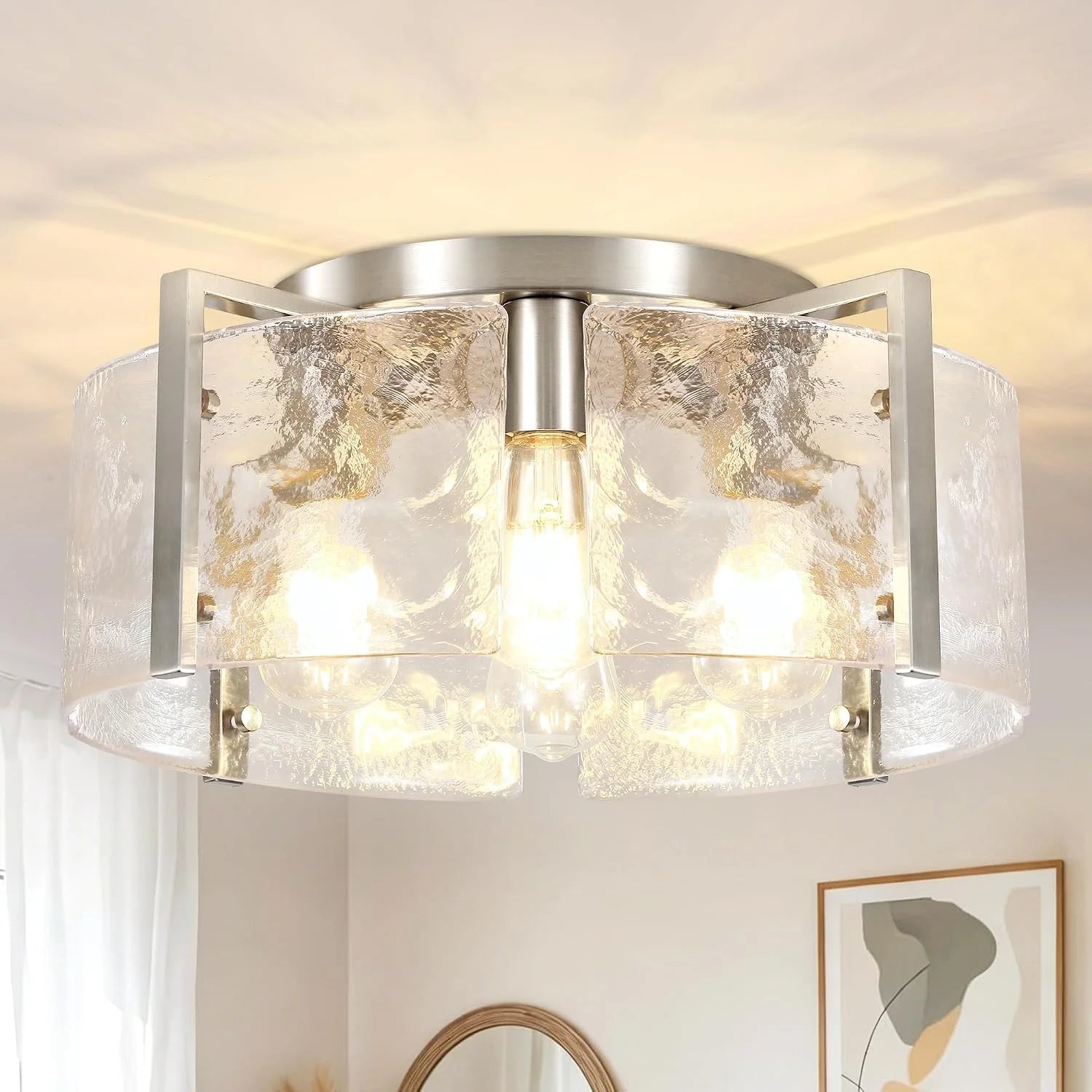 Discount Modern Gold Semi Flush Mount Ceiling Light, Dimmable, 3-Light Farmhouse Glass Drum Light Fixture - Image 4