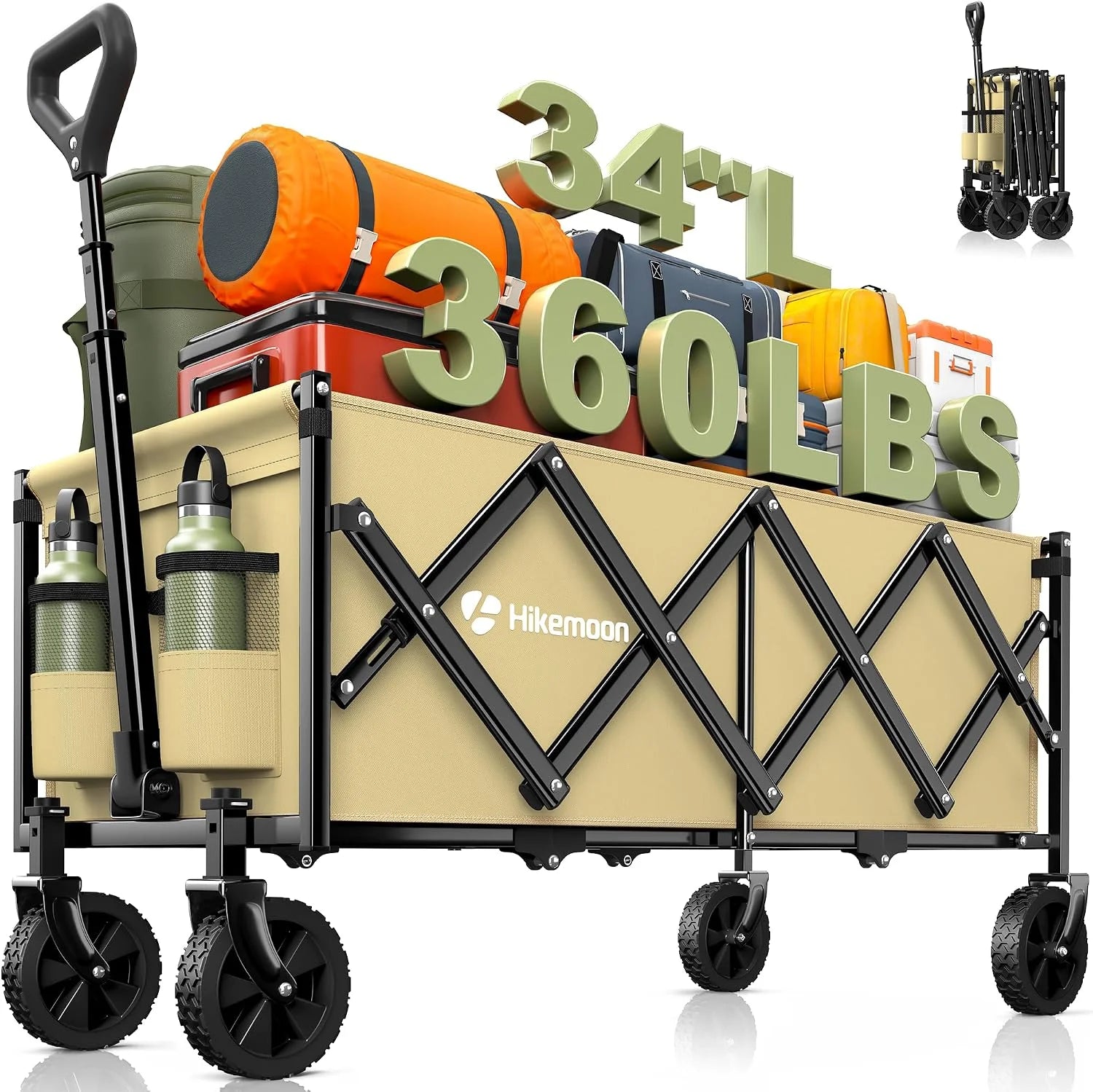 Discount 34” Extra Long Folding Portable Wagon Cart, 120L 360LBS Black, Heavy Duty - Image 3