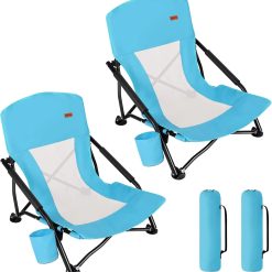 Discount Low Beach Chair for Adults 2 Pack, Low Profile Folding with Cup Holder & Carry Bag, Heavy Duty Chair for Outdoor