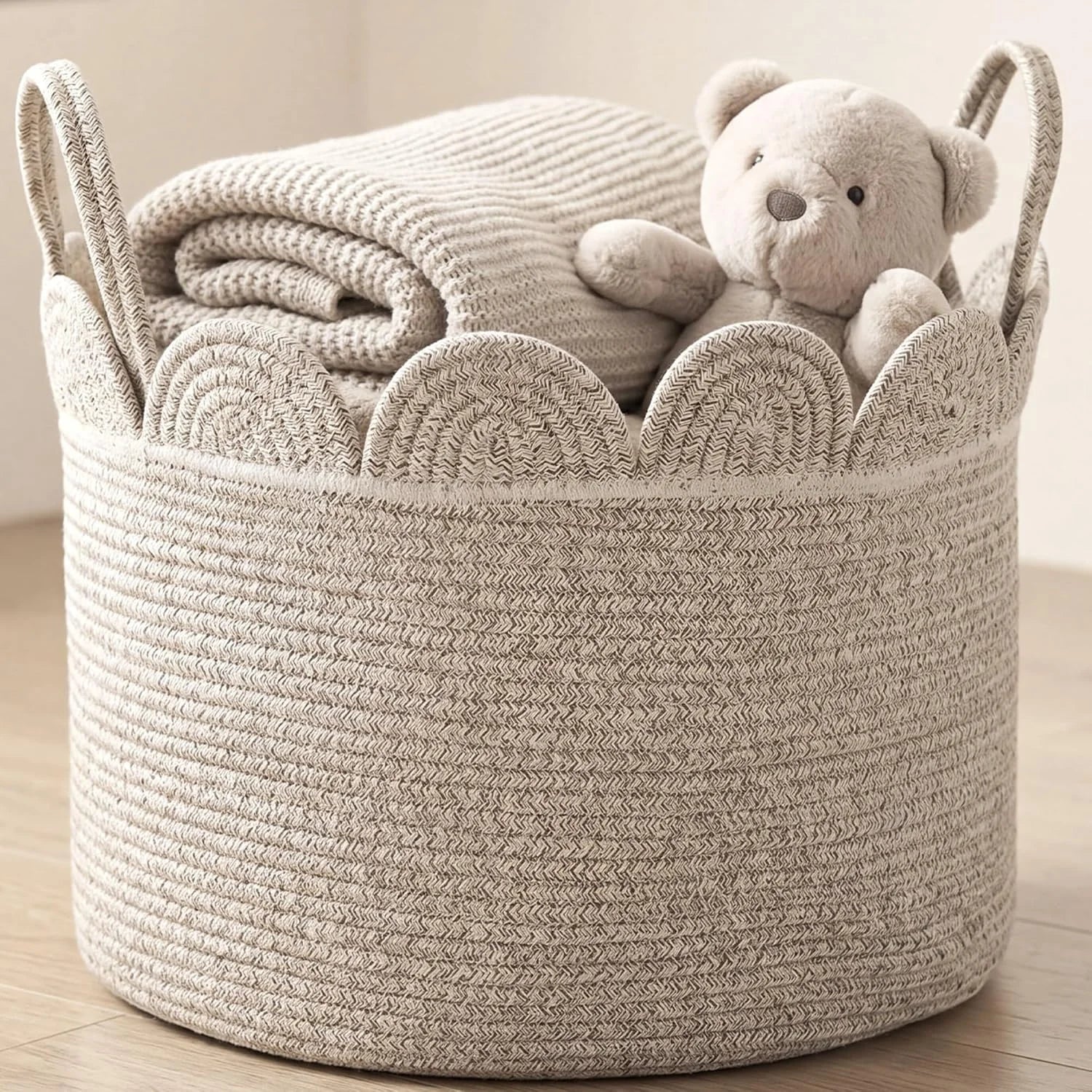 Discount Woven Basket Brown, 16 L X 16 W X 14 H, Large Storage for Blankets Toys Laundry, Cotton Rope Scalloped Edge - Image 4