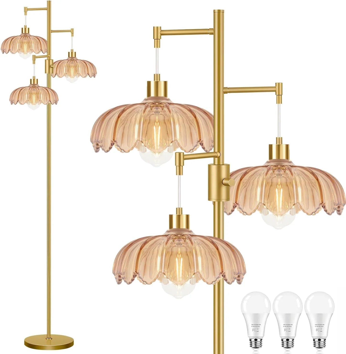 Discount ZECOXOL Vintage Floor Lamp for Living Room Bedroom-3 Light Glass Floor Lamp with Three Led Bulb - Image 16