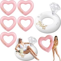 Discount 6 Pcs Bachelorette Pool Floats, 1 Diamond Ring & 5 Pink Heart Loungers, Inflatable Party Decorations for Bridal