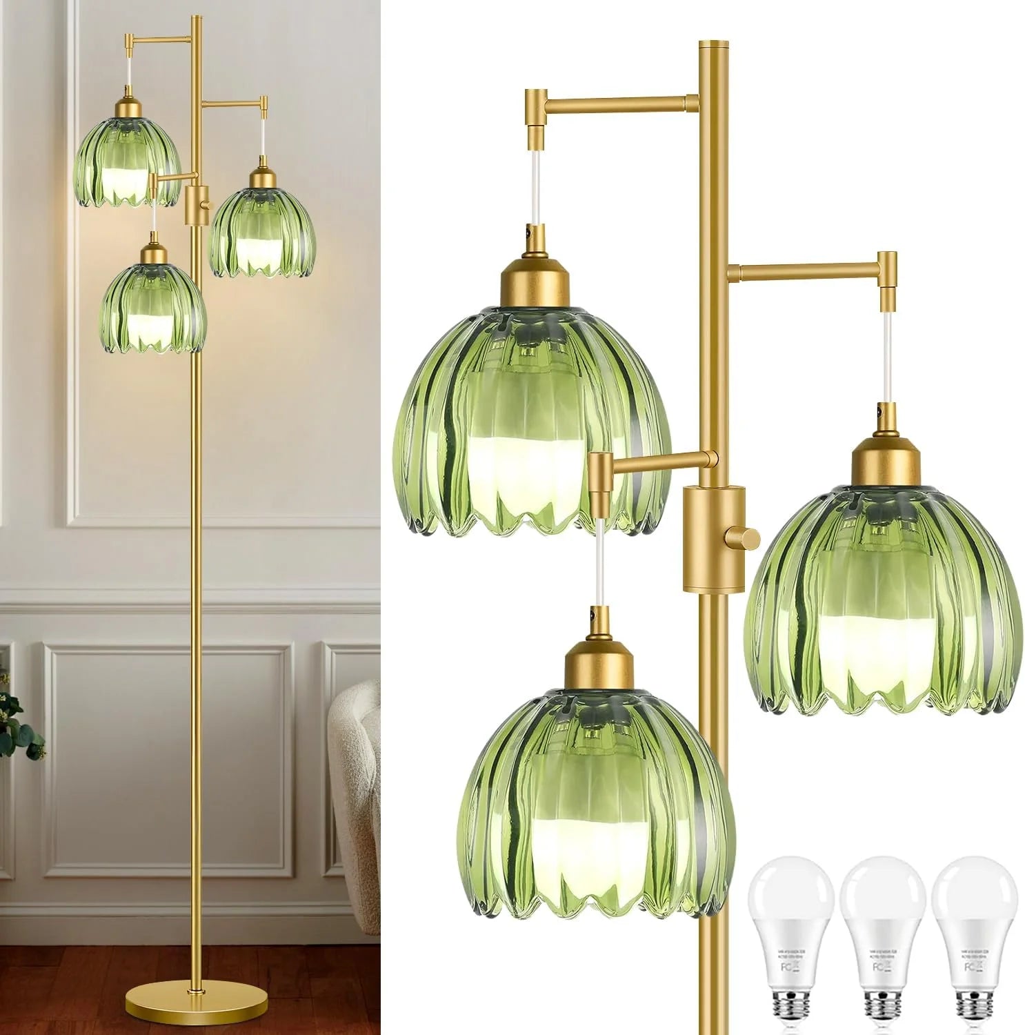 Discount ZECOXOL Vintage Floor Lamp for Living Room Bedroom-3 Light Glass Floor Lamp with Three Led Bulb - Image 4