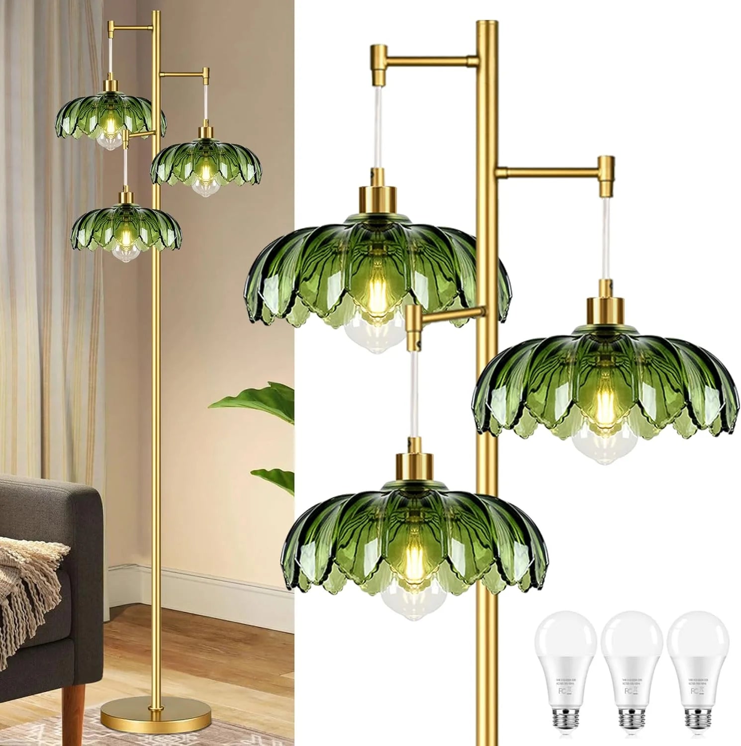 Discount ZECOXOL Vintage Floor Lamp for Living Room Bedroom-3 Light Glass Floor Lamp with Three Led Bulb - Image 12