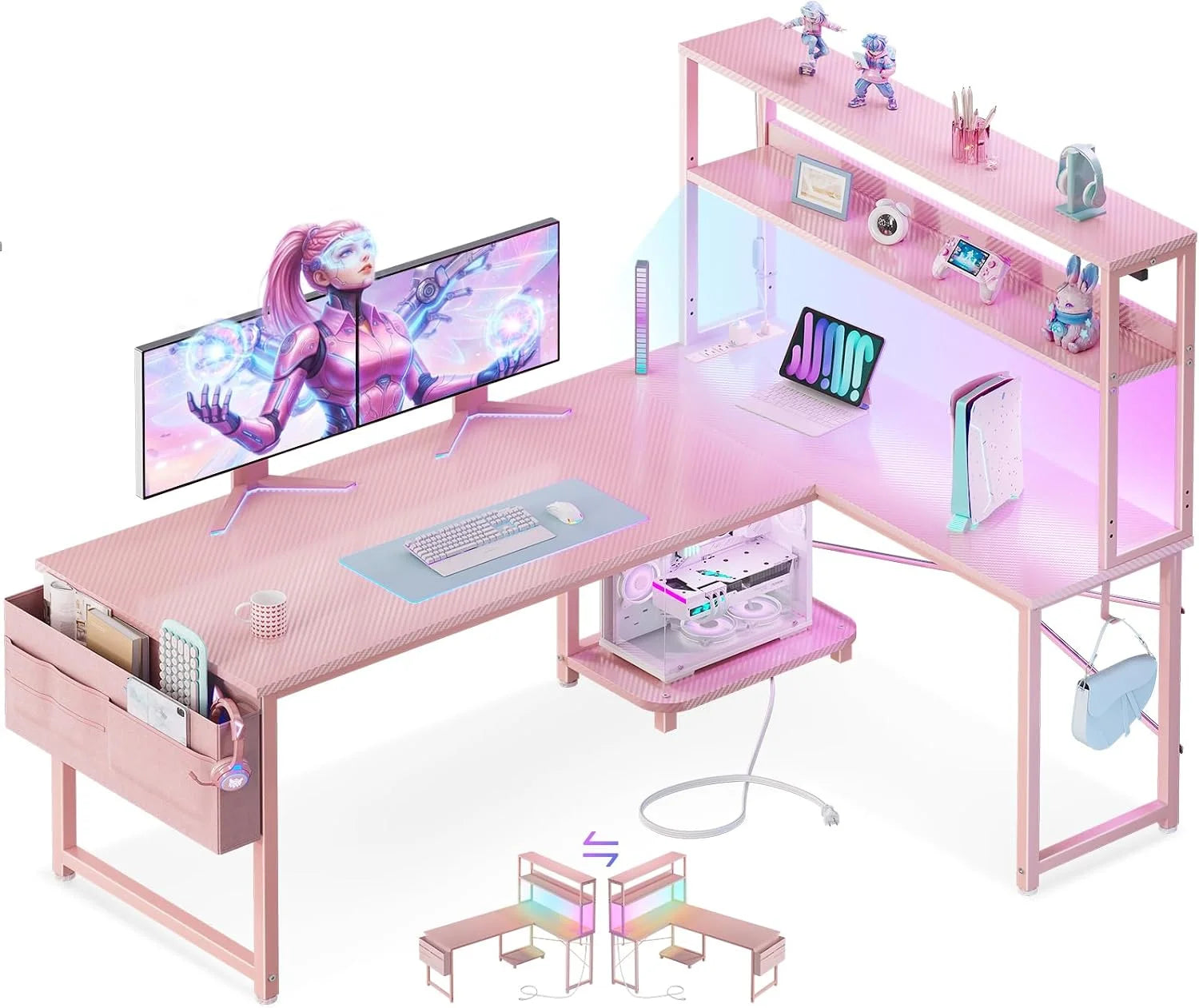 Discount 53 L Shaped Gaming Desk with Shelves, LED & Outlets - Image 2