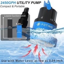 Alternative view of Discount 1/2HP Submersible Water Pump with Stainless Steel Base, Removes Water to 0.04 Depth, 2450GPH Portable Sump Pump
