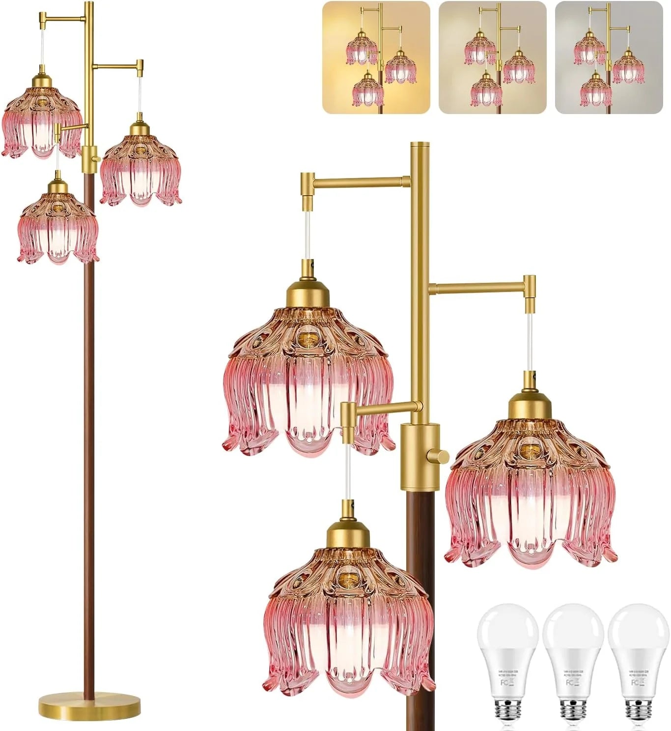 Discount ZECOXOL Vintage Floor Lamp for Living Room Bedroom-3 Light Glass Floor Lamp with Three Led Bulb - Image 7