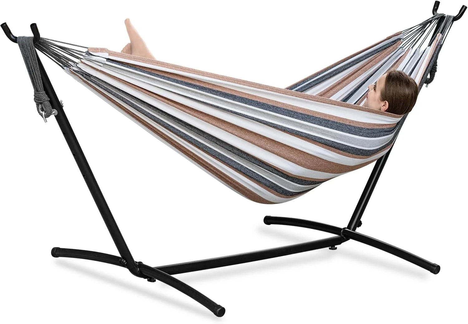 Discount Double Hammock with Stand for Outside, Heavy-Duty, Portable (Coffee) - Image 20