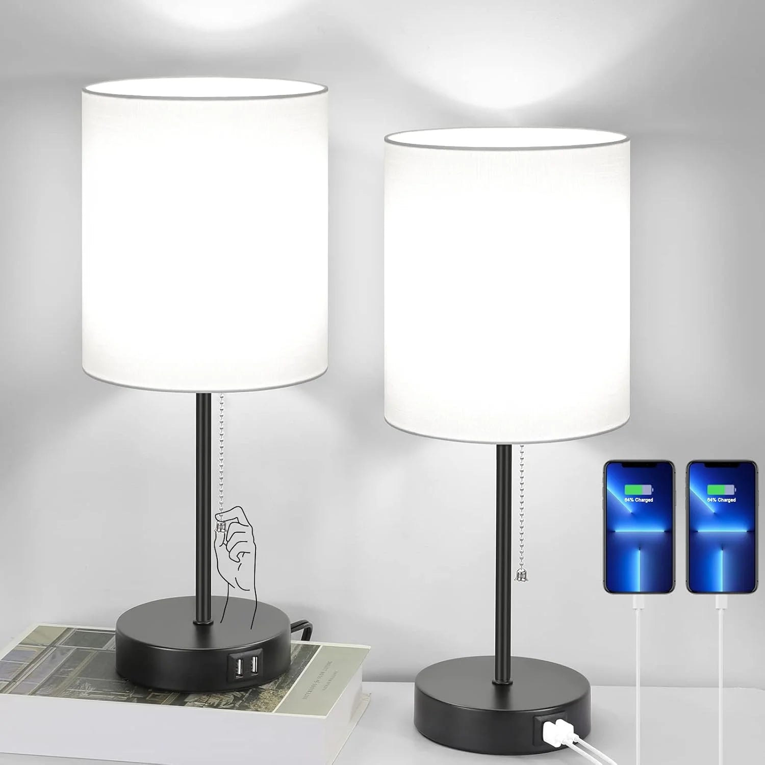 Discount 17.3" Table Lamps Set of 2 with 2 USB & AC Outlet, Pull Chain - Image 6