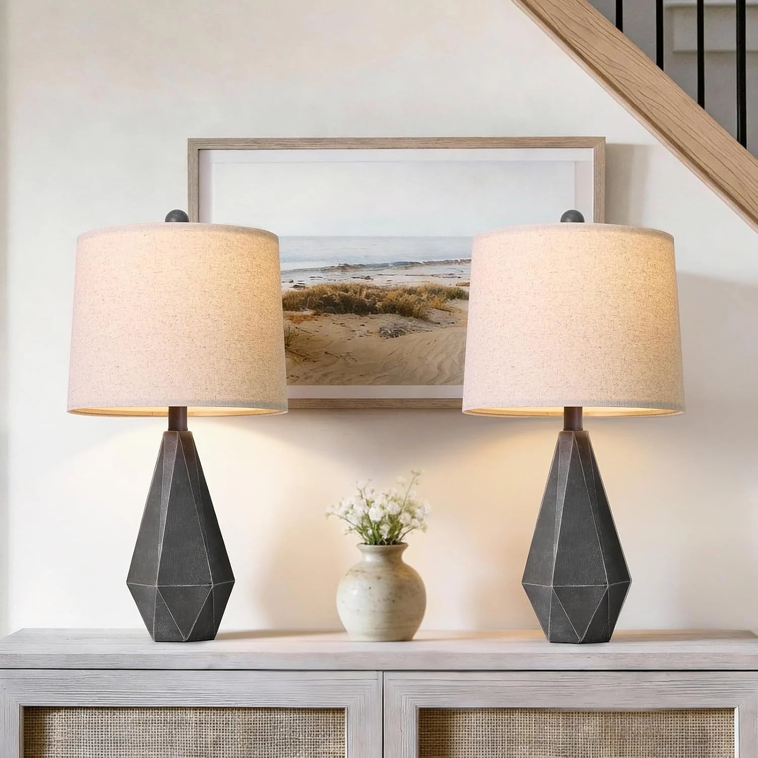 Discount PoKat 20.25" Retro Farmhouse Table Lamp Set of 2, Living Room & Bedroom Rustic Linen Bedside Nightstand Lamps for Kids