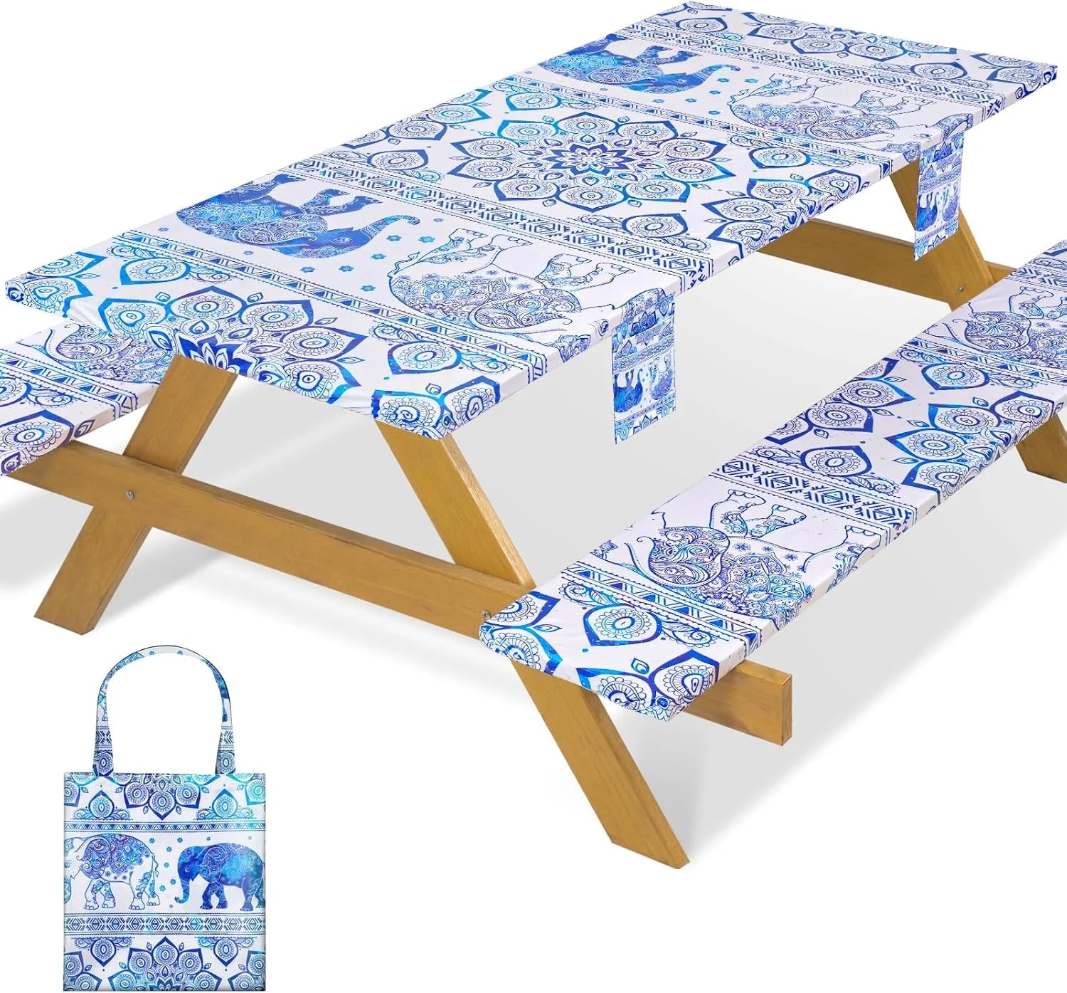Discount Fitted Waterproof Picnic Table Cover with Bench Covers Heavy Duty Elastic Outdoor Camping Tablecloth for 6 Foot Rectangle Tables Summer - Image 3