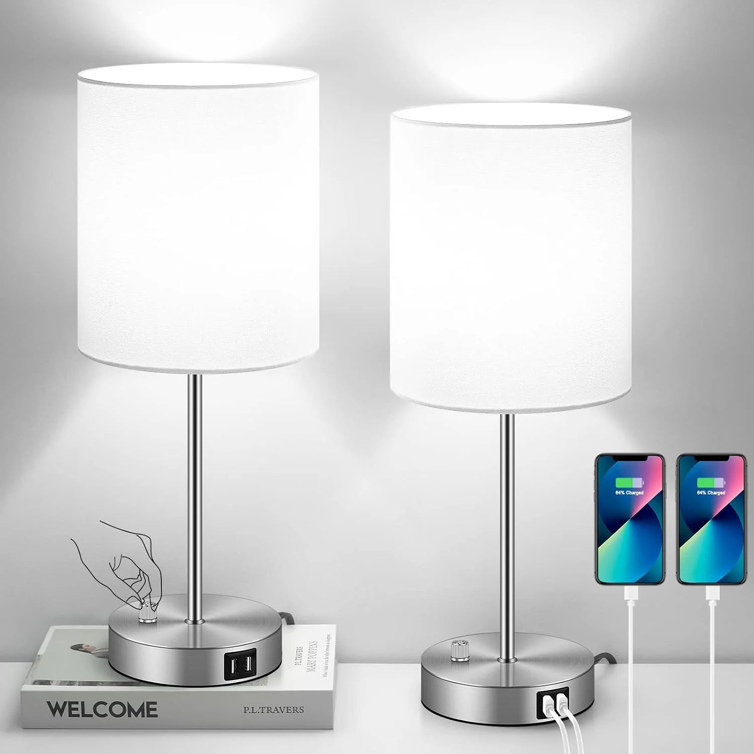 Discount 17.3" Table Lamps Set of 2 with 2 USB & AC Outlet, Pull Chain - Image 5