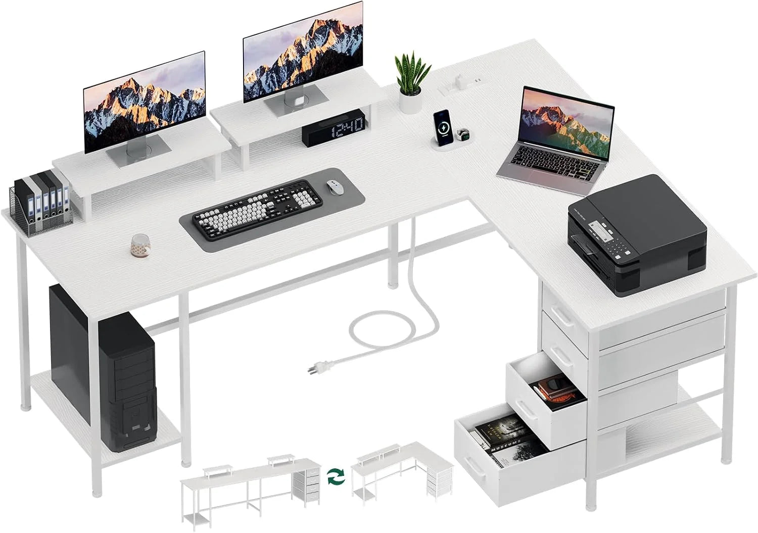 Discount Korfile 59 inch L Shaped Computer Desk with Power Outlets, Home Office Desk with 4 Adjustable Storage Drawers & 2 - Image 5