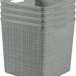 Discount Curver Set of 4 Large Cube 17L Jute Decorative Plastic Organization and Storage Baskets, Perfect Bins for Home