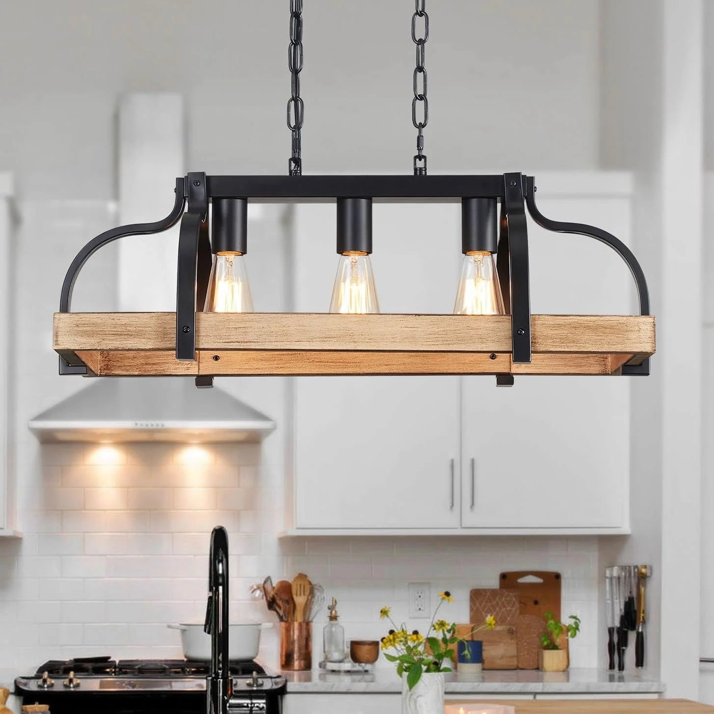 Discount 5-Light Metal Chandelier Imitation Wood Grain Linear Pendant Ceiling Lighting Rustic Farmhouse Fixture Kitchen - Image 11