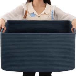 Discount Large Blanket Basket, Storage Baskets with Handle, Rectangle Woven Cotton Rope Basket, Toy Organizer Bins, 22 x