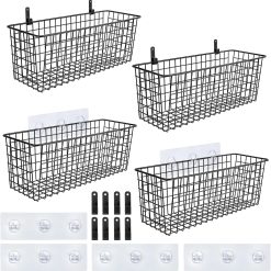 Discount Set [EXTRA LARGE] Hanging Wall Mount Storage Baskets with Adhesive Hooks & Steel Hooks, Multiuse Sturdy Wire