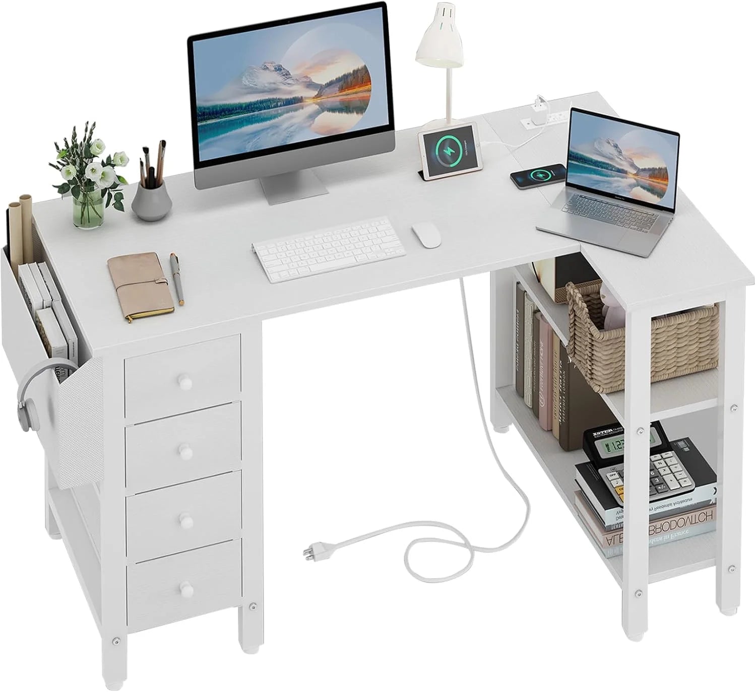 Discount Lufeiya White L Shaped Computer Desk with Drawers & Storage Shelves, 47 Inch Corner Reversible Desk with Power Outlet - Image 3