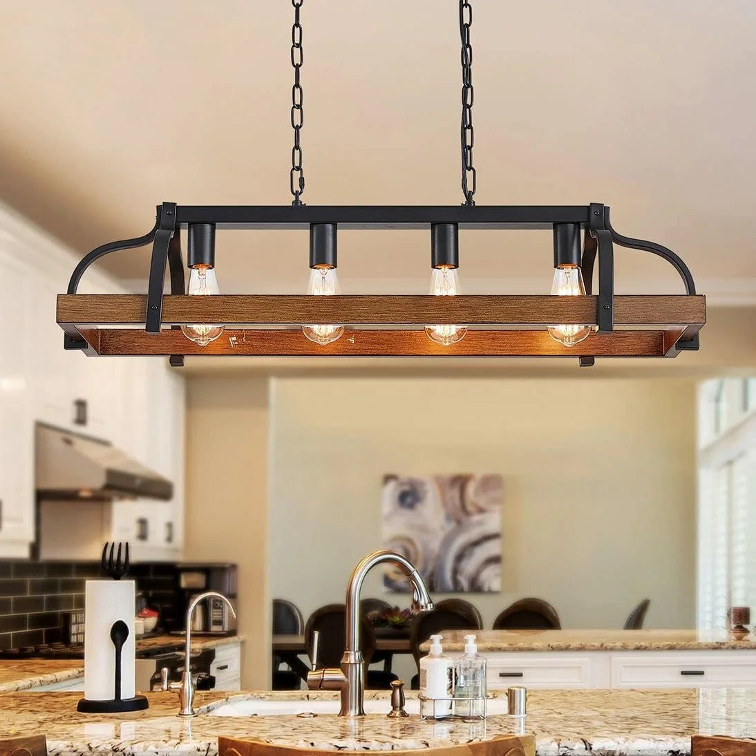 Discount 5-Light Metal Chandelier Imitation Wood Grain Linear Pendant Ceiling Lighting Rustic Farmhouse Fixture Kitchen - Image 6