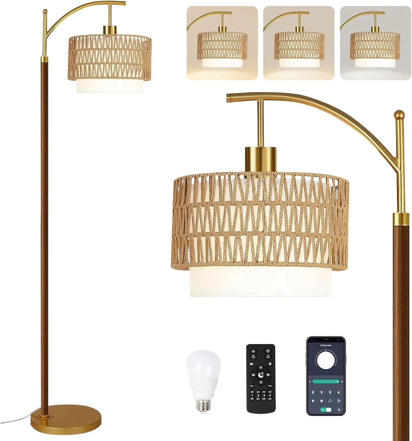 Discount Floor Lamp for Living Room Rattan Boho Floor Lamp with Remote Control, Dimmable, 3-Color Temperature - Image 6