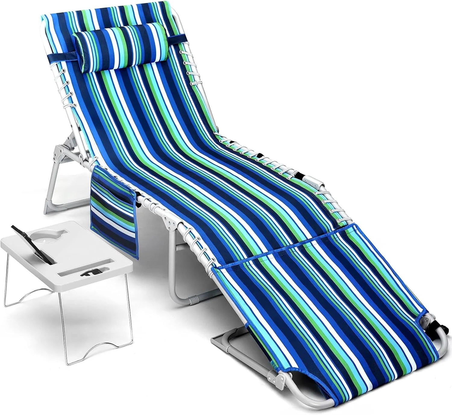 Special Beach Chair Face Holes, Lounge Chair Outdoor with Folding Side Table, 5-Position Recliner, Max 330lbs