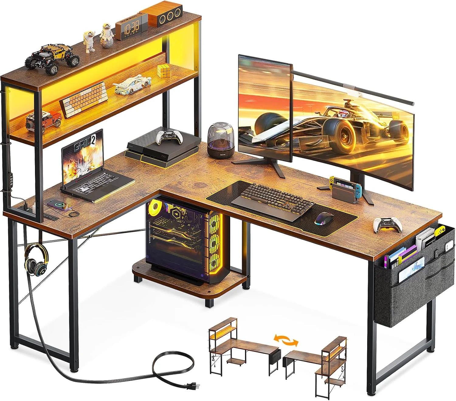 Discount L Shaped Desk Gaming Desk with LED Light & Power Outlet, 53 Inch Black Reversible L Shaped Computer Table - Image 8