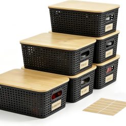 Discount Small Plastic Storage Bins with Bamboo Lids 5.2qt Stackable Box Basket Pantry Decorative Containers Cute