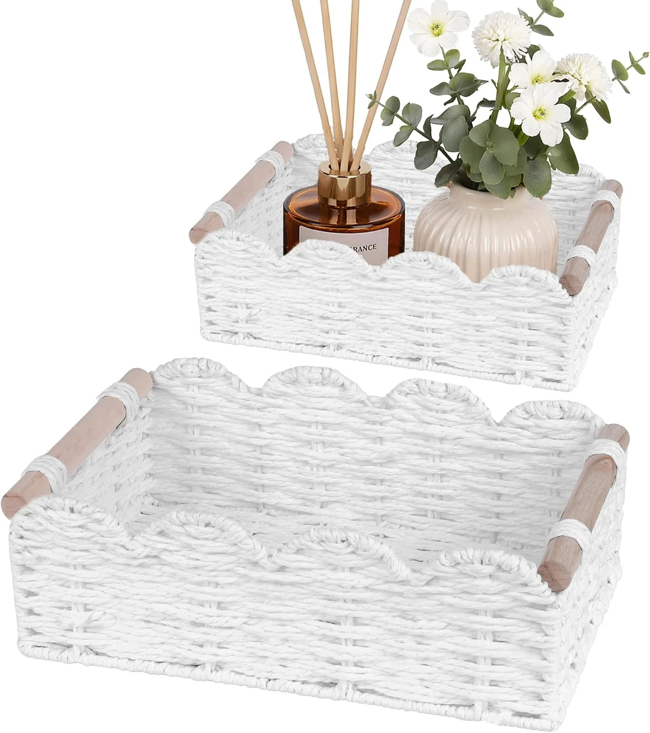 Discount Storage Organizing Baskets, Set of 2 Scalloped Edge Wicker Basket with Wooden Handles Toilet Paper - Image 4