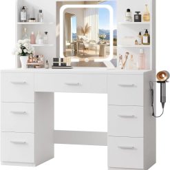 Discount 43 Large White Makeup Vanity Desk with Charging Station, Smart LED Mirror, 7 Drawers, 4 Shelves