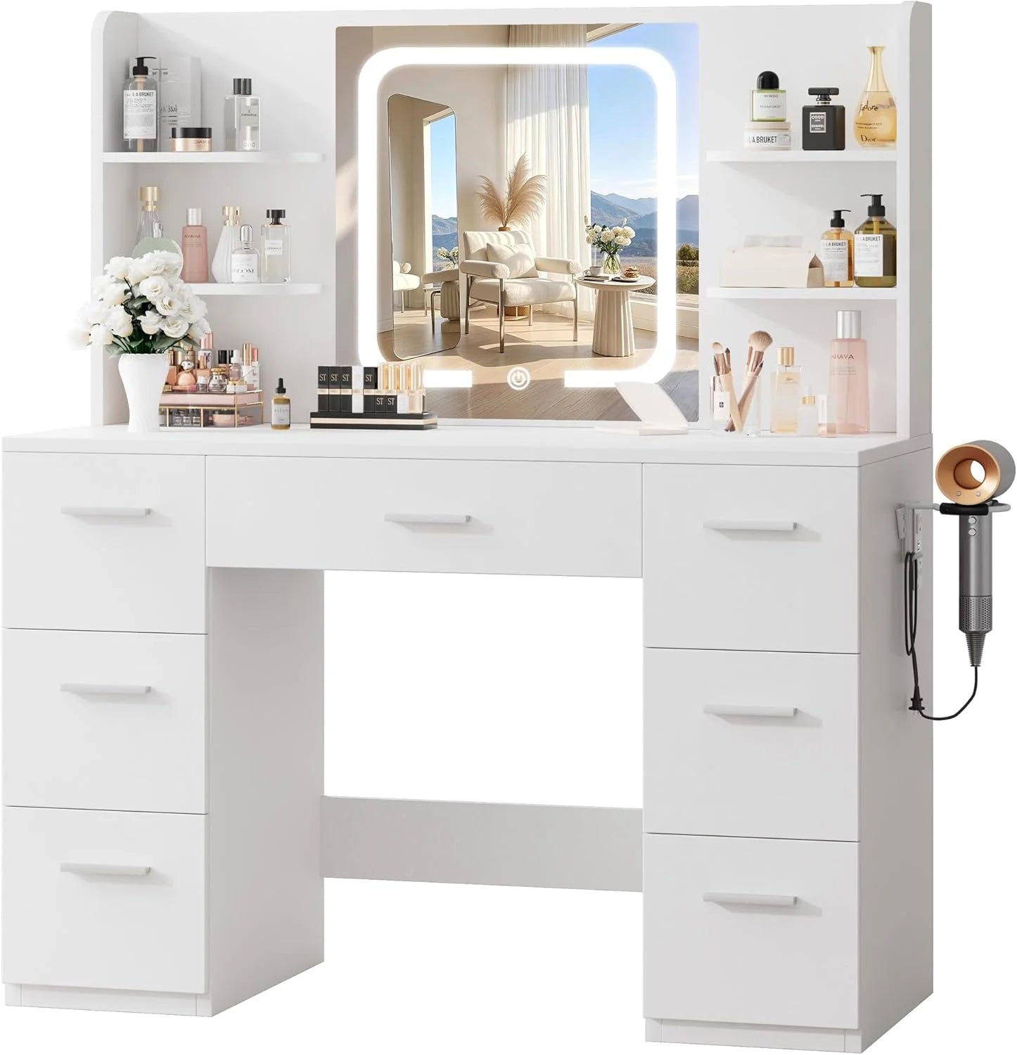 Discount 43 Large White Makeup Vanity Desk with Charging Station, Smart LED Mirror, 7 Drawers, 4 Shelves