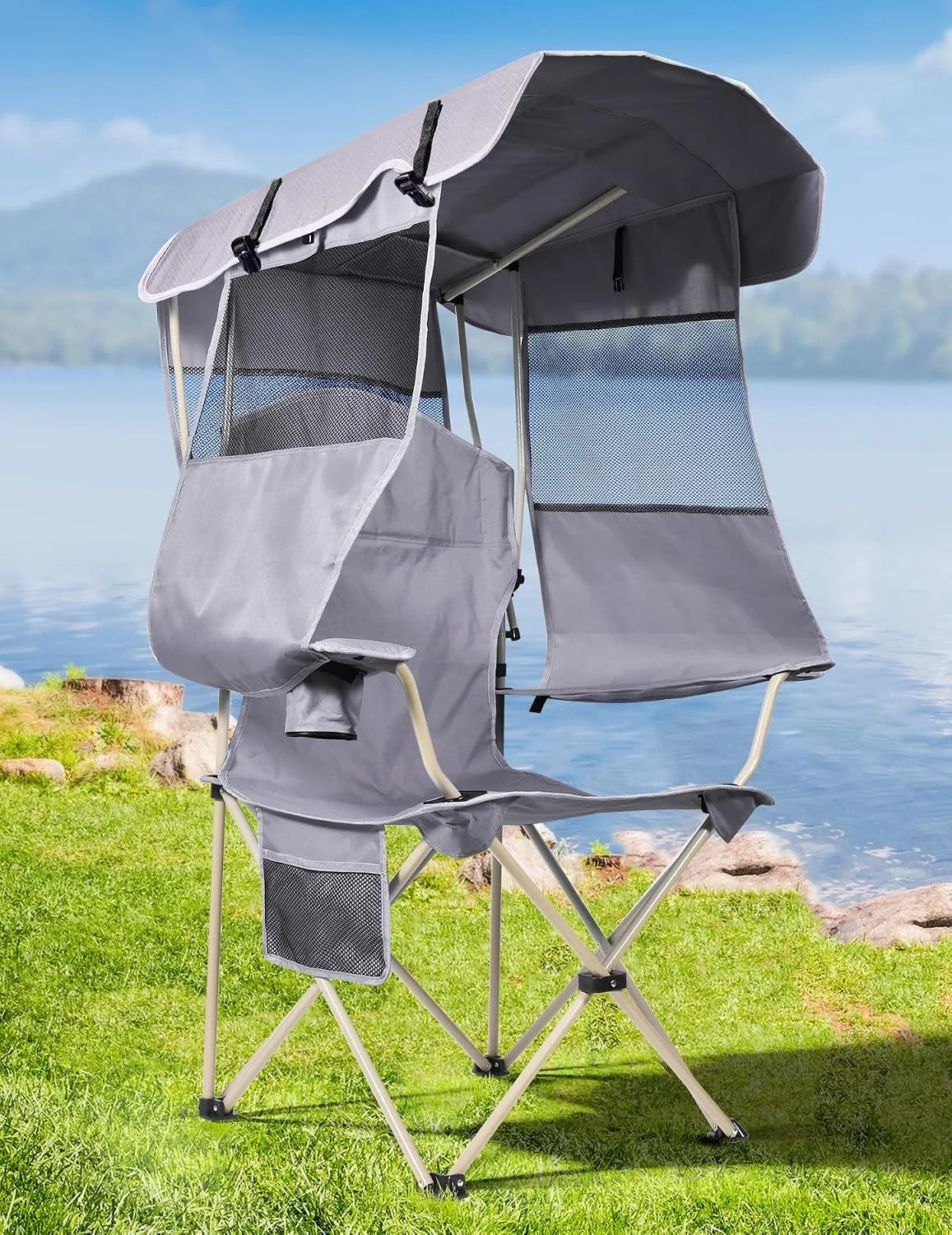 Discount Docusvect Beach Chair with Canopy Shade, Folding Camping Chair with Canopy with Cup Holder, Support 330 LBS - Image 3