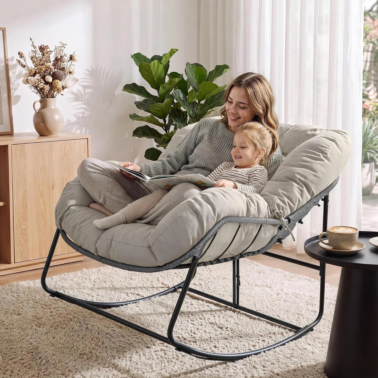 Discount Bifanuo Oversized Egg Rocking Chair for Indoor/Outdoor – All-Weather Wicker Rattan Lounge Chair with Cushion