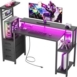 Alternative view of Discount 48 Inch Gaming Desk with LED Lights & Power Outlets, Computer Desk with Fabric Drawers & Side Hook
