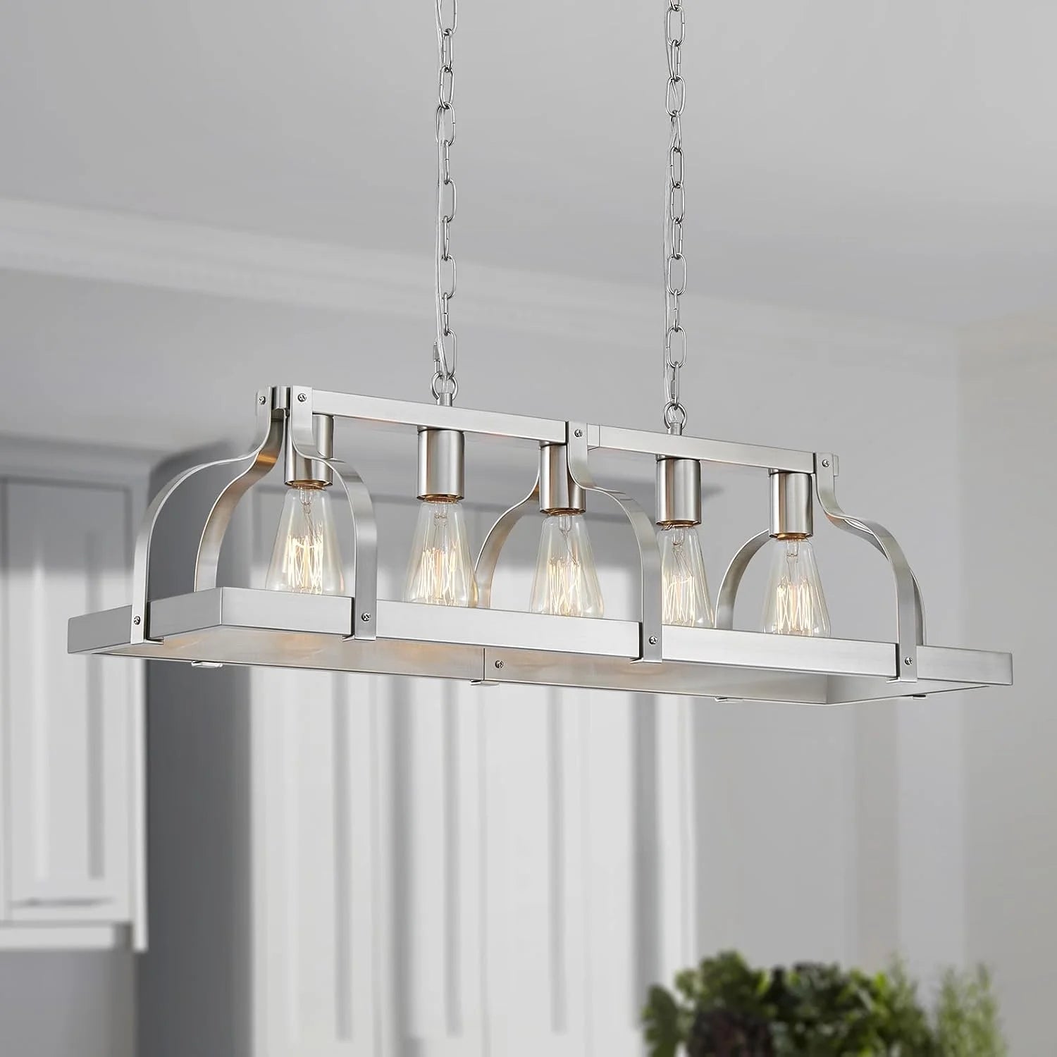 Discount 5-Light Metal Chandelier Imitation Wood Grain Linear Pendant Ceiling Lighting Rustic Farmhouse Fixture Kitchen - Image 5