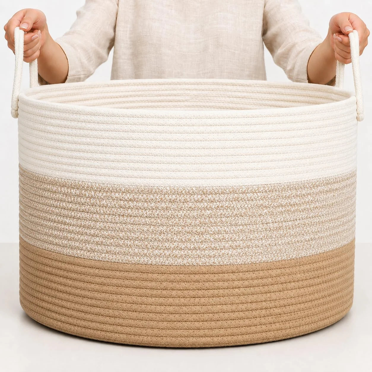 Discount OrganiHaus Round Toy Basket & Blanket Basket, Cotton Rope 20×13, Full Honey, Round Cotton Rope Basket, 20×13 - Image 19