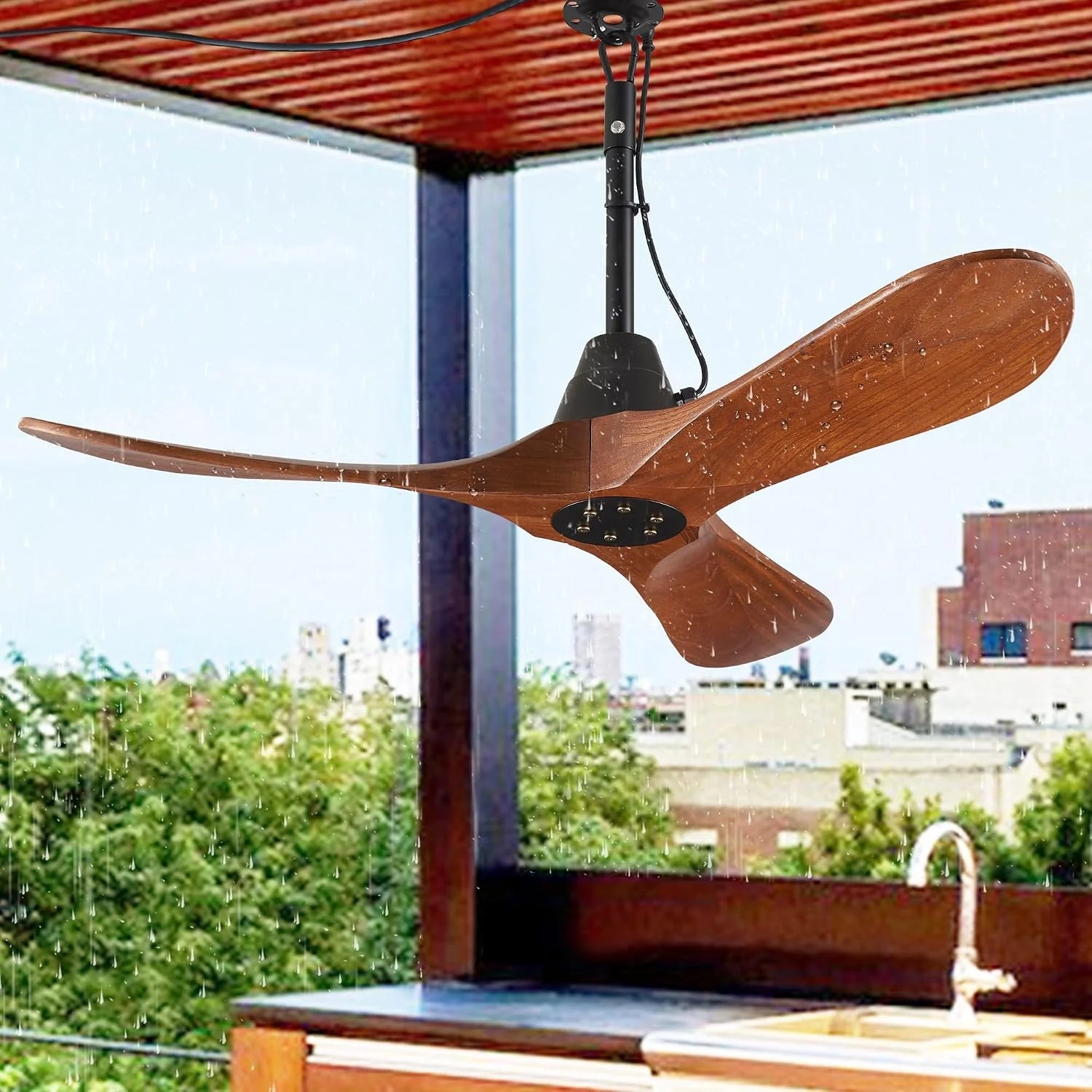 Discount 3 Blades Wood Outdoor Ceiling Fan with Light for Patios, Farmhouse Rustic Ceiling Fans with Lights - Image 4