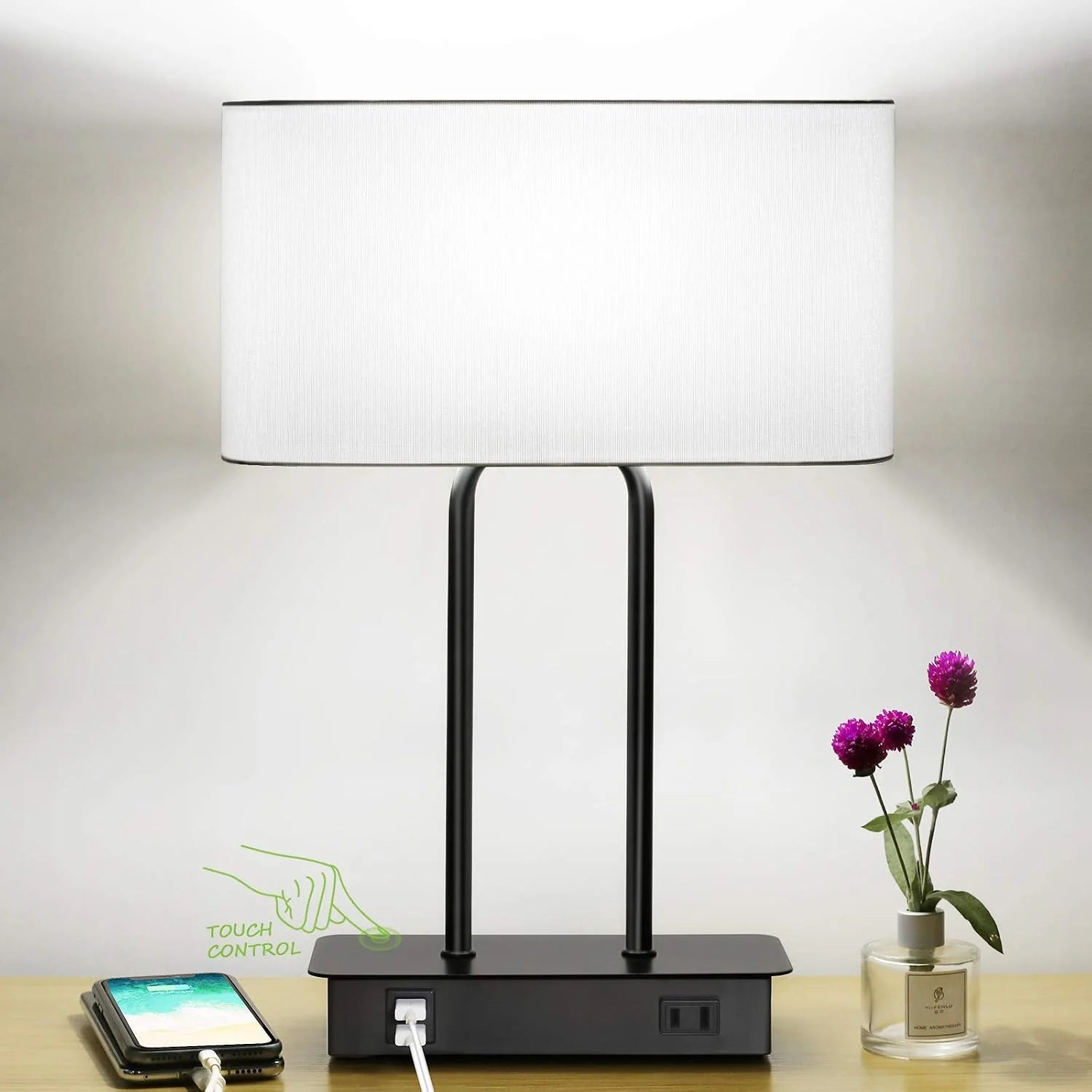 Discount Lakumu Bedside Touch Control Table Lamps with Dual USB Charging Ports 1 AC Outlet, Dimmable - Image 3