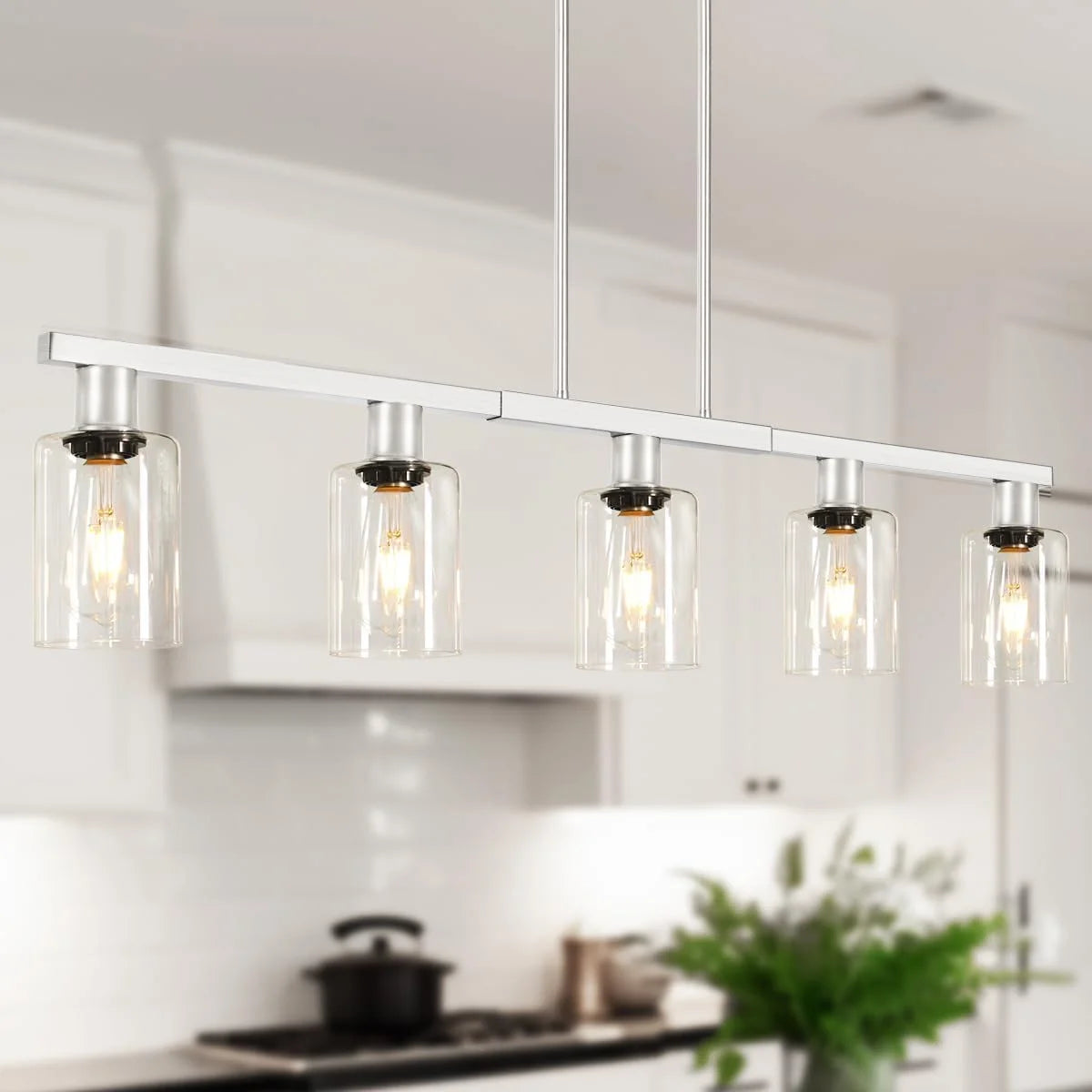 Discount Kitchen Island Lighting, Farmhouse Chandelier with Adjustable Height & Clear Glass Shades - Image 2