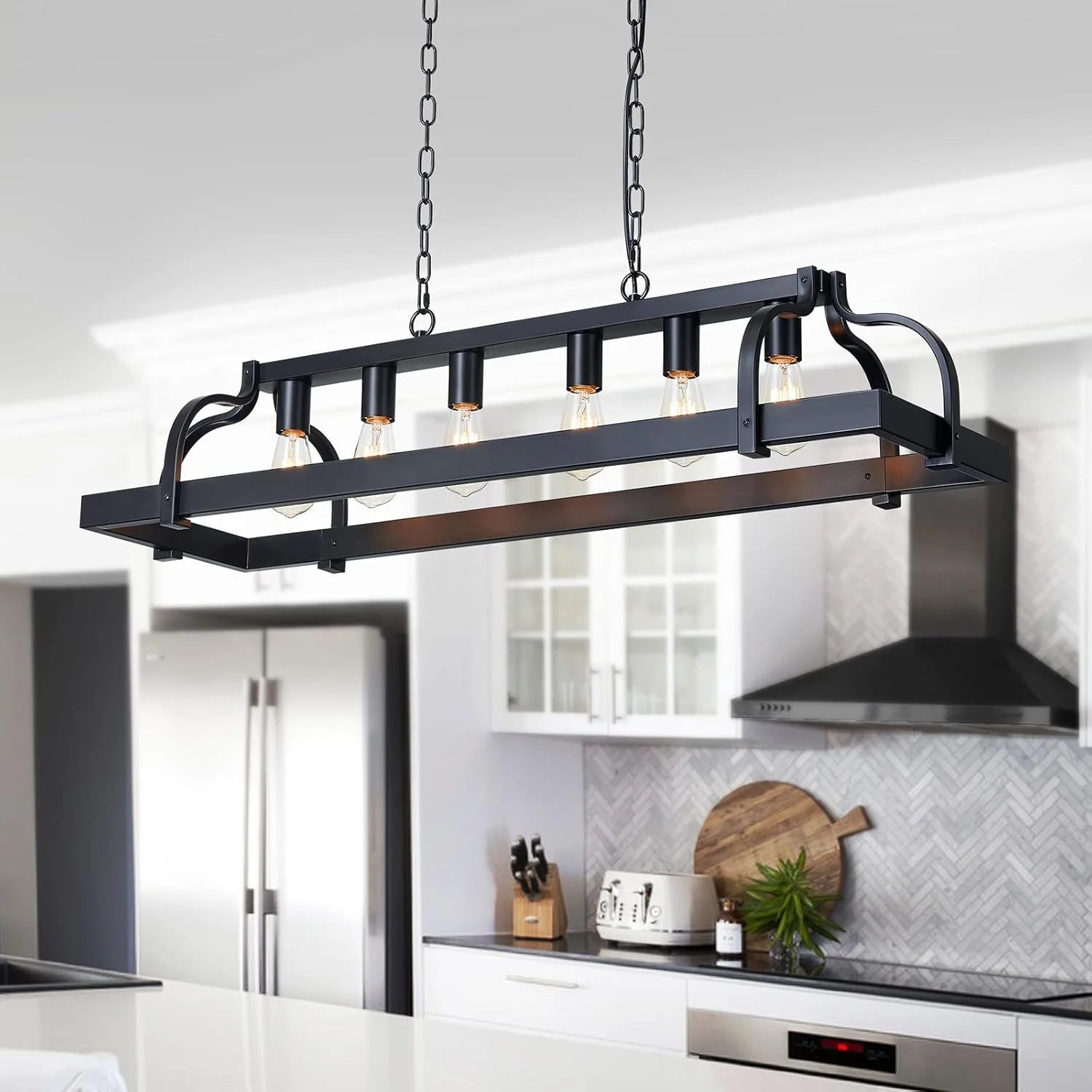Discount 5-Light Metal Chandelier Imitation Wood Grain Linear Pendant Ceiling Lighting Rustic Farmhouse Fixture Kitchen - Image 7