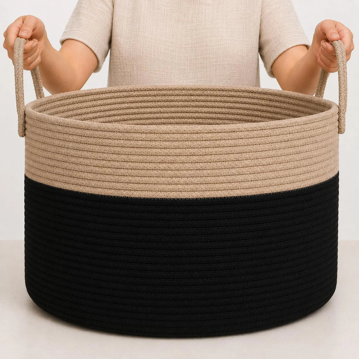 Discount OrganiHaus Round Toy Basket & Blanket Basket, Cotton Rope 20×13, Full Honey, Round Cotton Rope Basket, 20×13 - Image 2